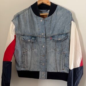 Levi's Light Wash Denim Jacket with Red, White & Navy Sleeves